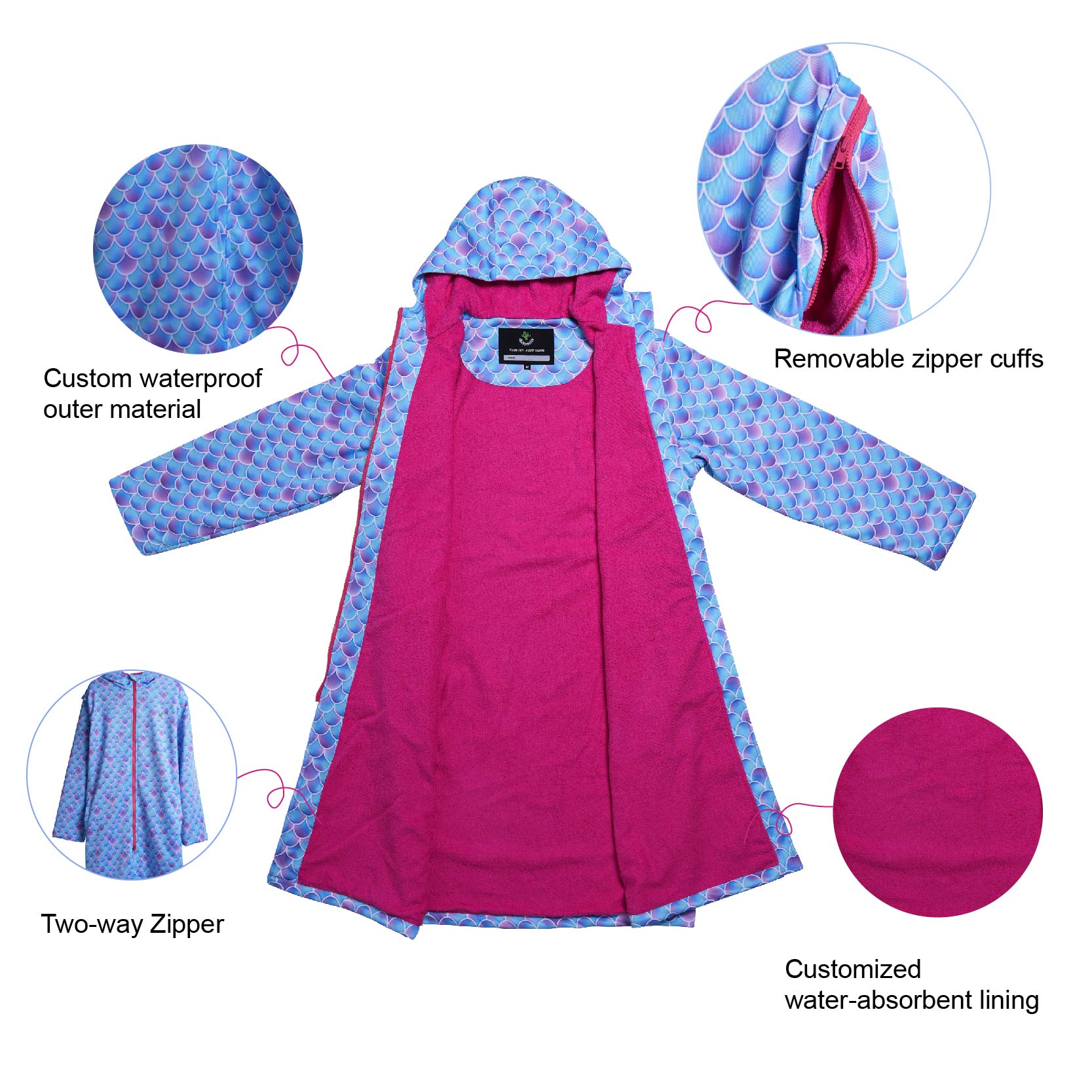 Custom Printed Zipped up Hooded Swimming Beach Changing Robe for Kids Adult